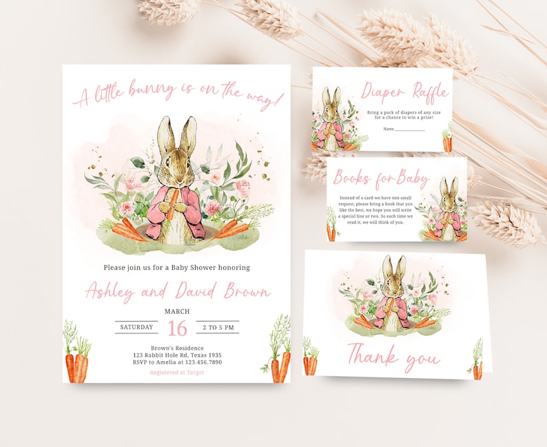 Editable Pink Peter Rabbit Baby Shower Invitation Bundle, Peter Rabbit Girl Baby Shower Invite Set, A Little Bunny Spring Baby Shower, 0626 image 1