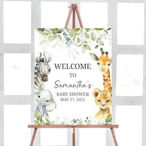 Editable Wild One Safari Baby Shower Welcome Sign, Jungle Baby Shower Welcome Poster, Greenery Jungle Safari Animals Welcome Template 0387