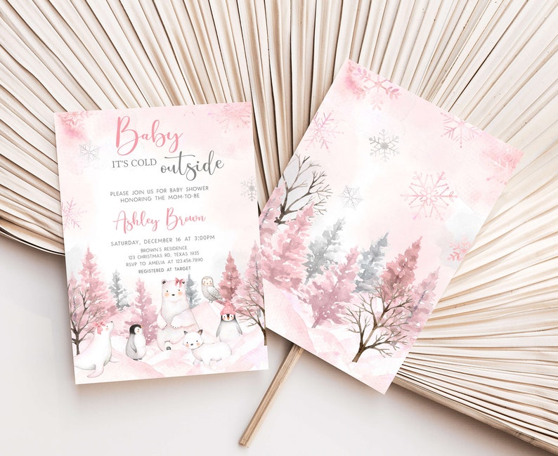Bearbeitbares Mädchen Arktische Tiere-Babyparty-Einladung, Rosa Winter-Babyparty-Einladung, Rosa Baby Es ist kalt draußen Babyparty-Einladung, 0568 Bild 2