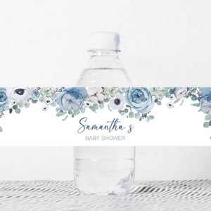 Étiquette de biberon bleu modifiable bébé en fleurs, étiquettes d'eau de douche de bébé garçon fleurs de printemps, sticker bouteille bleu poussiéreux fleurs sauvages 0710