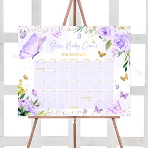 Editable Purple Butterfly Baby Shower Due Date Calendar, Butterflies Girl Baby Shower Calendar, Floral Butterfly Purple Baby Shower, 0682 image 1