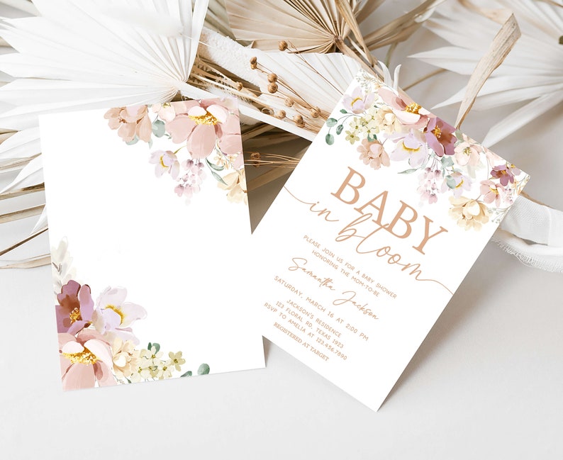Invitación editable para baby shower con diseño de bebé en flor, invitación para baby shower de primavera, invitación para baby shower con flores silvestres, invitación floral de primavera, 0612 imagen 2