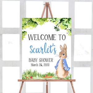 Editable Peter Rabbit Baby Shower Welcome Sign, Blue Bunny Baby Shower Welcome Poster, Rustic Peter Rabbit Decor Printable Template 0235