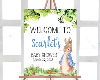 Editable Peter Rabbit Baby Shower Welcome Sign, Blue Bunny Baby Shower Welcome Poster, Rustic Peter Rabbit Decor Printable Template 0235