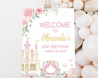 Editable Once Upon a Time Princess Birthday Welcome Sign, Magical Castle Party Welcome Poster, Pink Floral Carriage Girl Birthday Sign 112BD