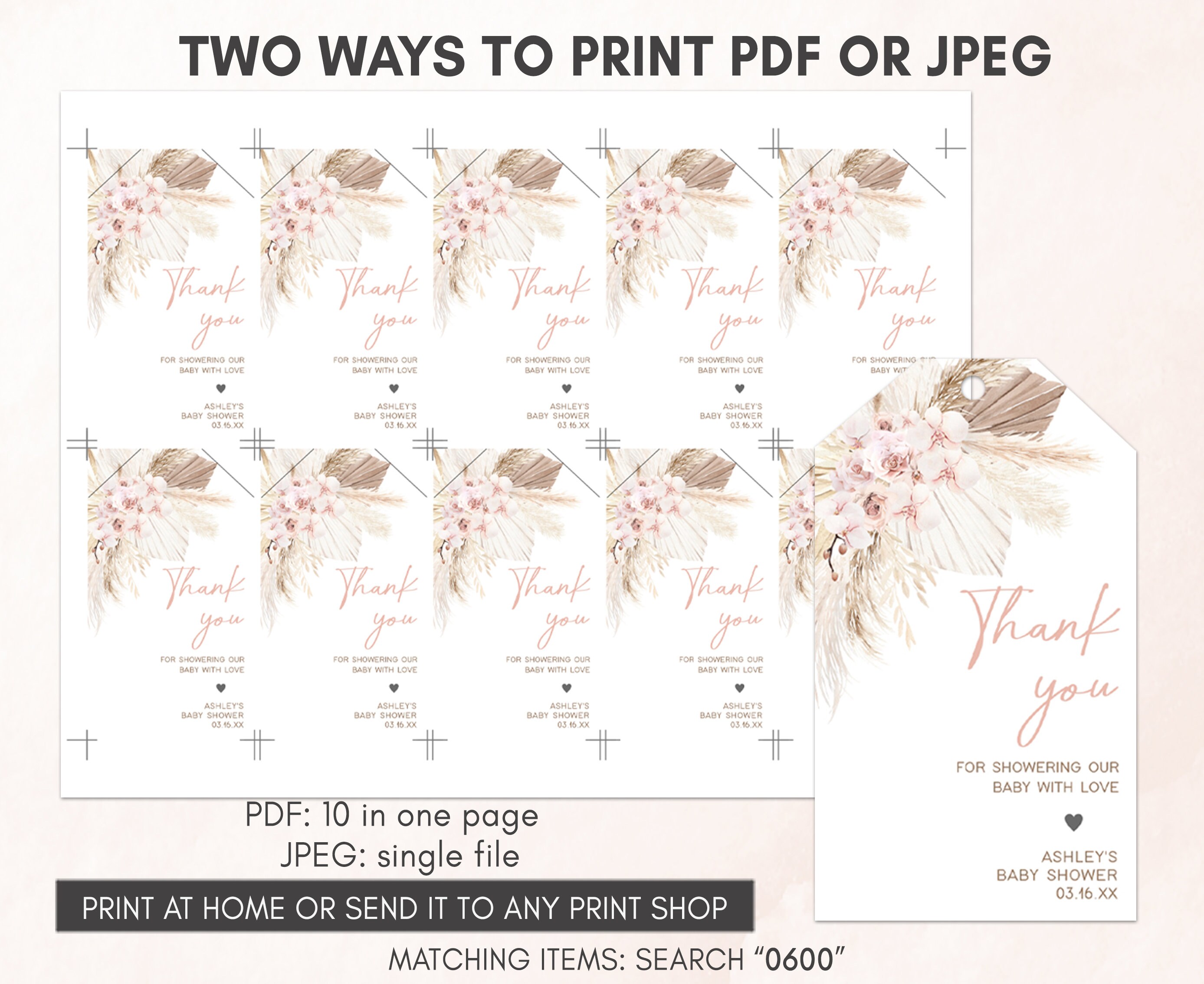 Editable Pink Boho Baby Shower Favor Tags, Girl Pampas Grass Baby ...