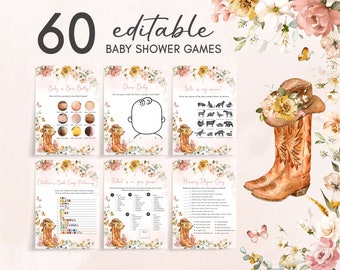 Bundel met bewerkbare bloemen cowgirl-babyshowergames, roze cowgirl-laarzen babyshower-gamepakket, Little Cowgirl Wild West-babyshowergames, 0726