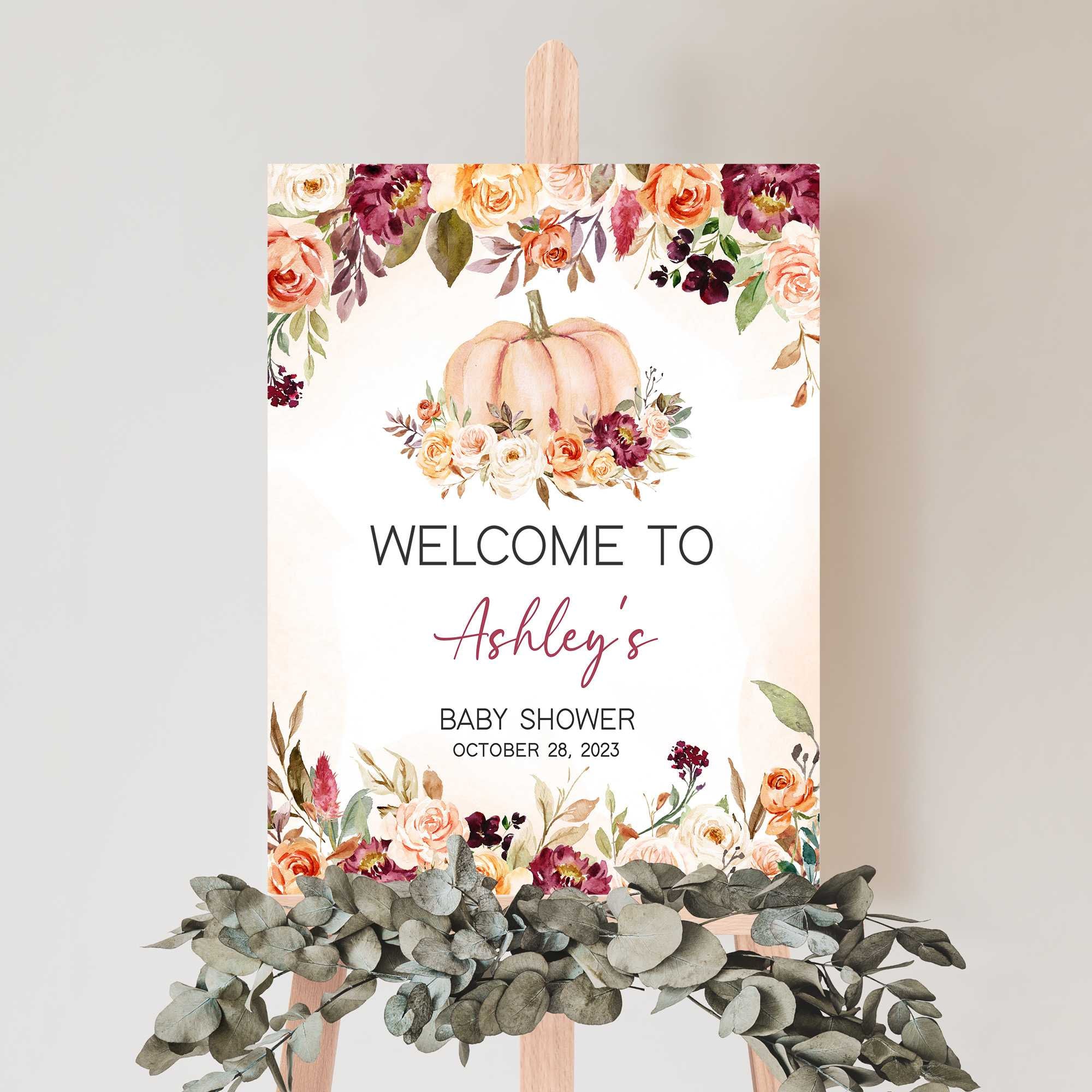 Editable Burgundy Fall Pumpkin Baby Shower Welcome Sign, A Little Pumpkin Baby Shower Welcome Poster, Marsala Fall Baby Shower Sign, 0498