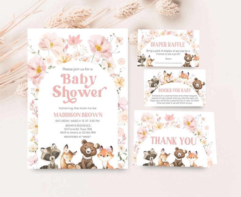 a baby shower is shown with a bear and flowers