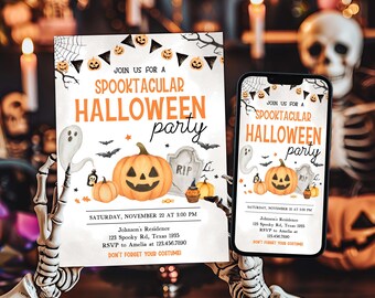 Bearbeitbare Spuk-Halloween-Einladung, Halloween-Party einladen, gruselige Kürbis-Halloween-Einladung, Halloween-Kostüm-Party einladen, 118SE