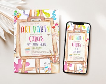 Invitación editable para fiesta de cumpleaños con arte, invitación para fiesta de cumpleaños con pintura, invitación para fiesta de arte con pintura, invitación para fiesta de pintura con arcoíris para niños, 34BD