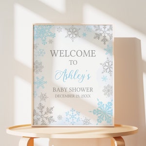 Editable azul un pequeño signo de bienvenida de baby shower de copo de nieve, cartel de bienvenida de baby shower de invierno de copo de nieve azul, baby shower de invierno de niño, 0538 imagen 1