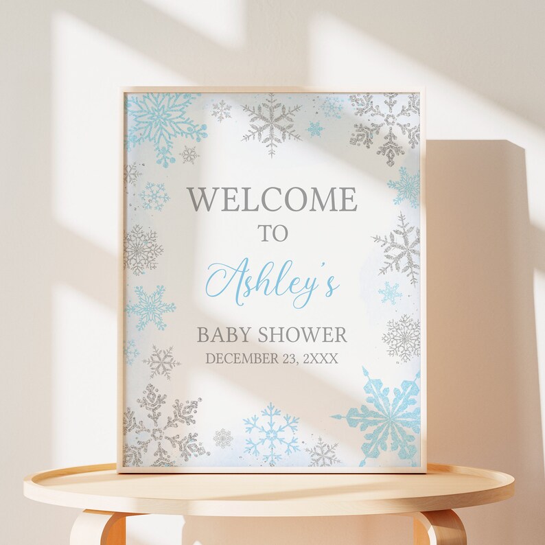 Editable azul un pequeño signo de bienvenida de baby shower de copo de nieve, cartel de bienvenida de baby shower de invierno de copo de nieve azul, baby shower de invierno de niño, 0538 imagen 1
