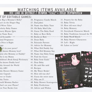 May include: A list of editable baby shower games, including "How Big is Mommy's Belly?" and "Baby ABC." Two matching game printables are also shown, one with emojis and the other with animal illustrations.