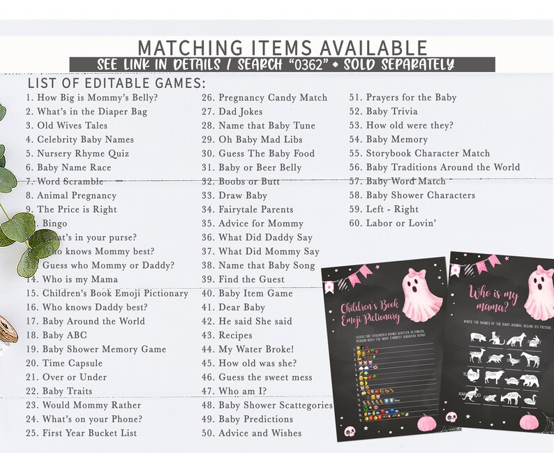 May include: A list of editable baby shower games, including "How Big is Mommy's Belly?" and "Baby ABC." Two matching game printables are also shown, one with emojis and the other with animal illustrations.