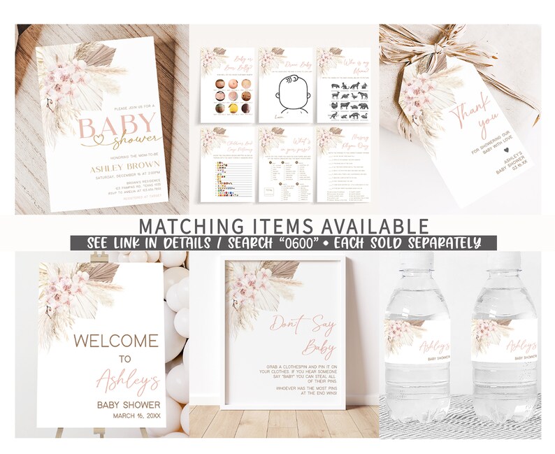 May include: A set of printable baby shower decorations with a boho theme. The decorations include a welcome sign, a don't say baby game, water bottle labels, and a thank you tag. The decorations feature a neutral color palette of beige, brown, and pink with pampas grass and floral accents.