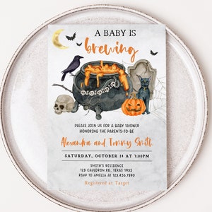 Editable A Baby is Brewing Halloween Baby Shower Invitation, Witch Baby Shower Invite, Gender Neutral Halloween Baby Shower Invitation 0436