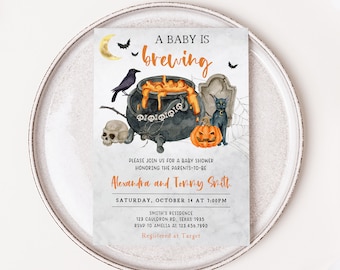 Editable Un bebé está preparando invitación de baby shower de Halloween, invitación de baby shower de bruja, invitación de baby shower de Halloween de género neutro 0436