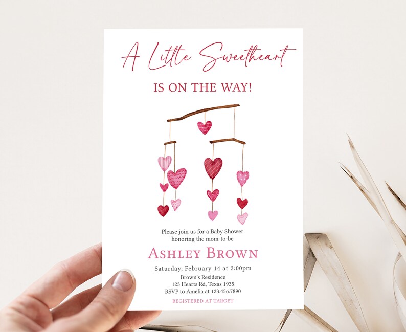 Editable Valentine Baby Shower Invitation Bundle, Pink Red Heart Baby Shower Invite Set, Girl A Little Sweetheart Baby Shower Invite, 0595 image 3