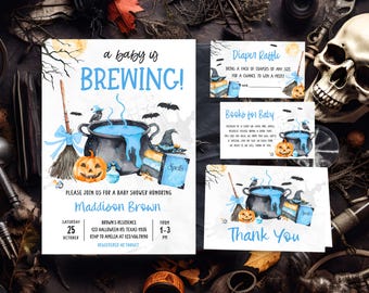 Bearbeitbar Blau Ein Baby braut Halloween-Babyparty-Einladungspaket, gruselige Hexe-Babyparty-Einladung, Junge-Halloween-Dusche einladen, 01148