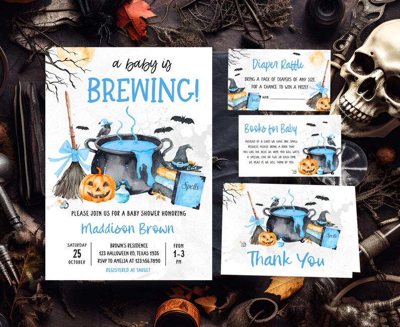 A Halloween-themed baby shower invitation featuring a pot of bubbling soup, jack-o-lanterns, and bats, along with a diaper raffle and books for baby.