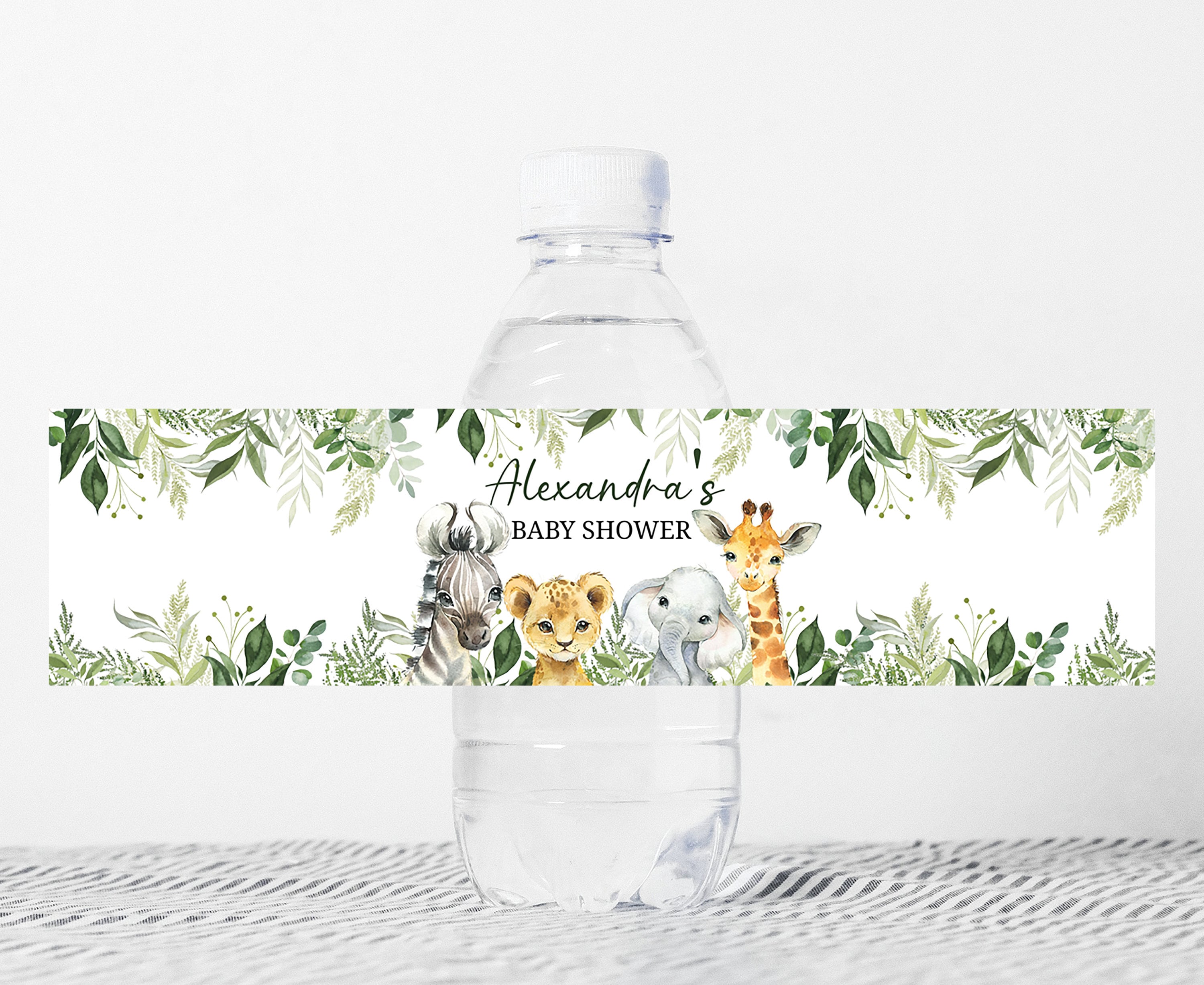 Etiquetas editables de botellas de agua de baby shower de la selva,  etiquetas de botellas de baby shower de animales de Safari, favores de  Safari, decoración neutral de género verde 0179 -, image size:3000x2453