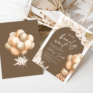 Lot d'invitations modifiables pour baby shower ballons ours, ensemble d'invitations baby shower bohème We can Bearly Wait, baby shower ours en peluche brun, 0694 image 2