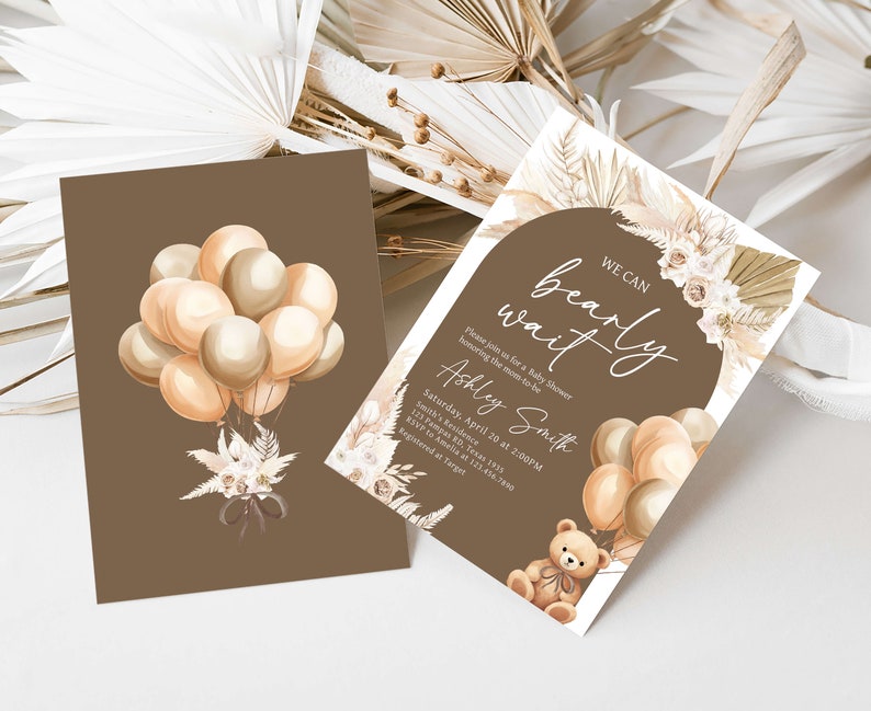 Lot d'invitations modifiables pour baby shower ballons ours, ensemble d'invitations baby shower bohème We can Bearly Wait, baby shower ours en peluche brun, 0694 image 2