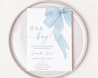 Editable Blue Bow Baby Shower Invitation, It's A Boy Coquette Baby Shower Invite, Blue Ribbon Baby Shower, Boy Baby Sprinkle Invites, 0995