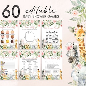 May include: A set of 60 printable baby shower game cards featuring a jungle animal theme with pink flowers. The cards include games like "Baby or Beer Belly", "Draw Baby", "Who is My Mama", "Children's Book Bingo", "What's in Your Purse", and "Nursery Rhyme Bingo".