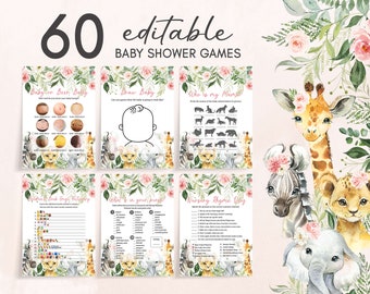 Jungle Baby Shower Game Bundle Girl Safari Animals Baby Shower Activity Printable Games Safari Baby Shower Game Pack Floral Baby Girl 0185
