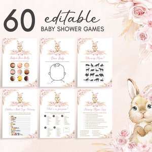 May include: A set of 60 printable baby shower games featuring a cute bunny rabbit illustration with floral accents. The games include "Baby on Bees Belly", "Draw Baby", "Who is my Mama", "Children's Book Cage Pitmary", "What's in your purse?" and "Nursery Rhyme Quiz".