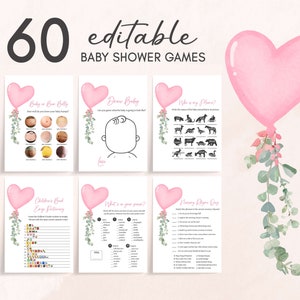 Pacchetto modificabile di giochi per baby shower di San Valentino, pacchetto di giochi per baby shower con palloncini rosa a forma di cuore, set di giochi per baby shower per ragazza un po&#39; innamorato, 0589
