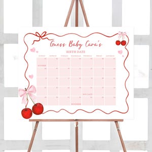 Bearbeitbarer Kirsch-Babyparty-Fälligkeitsdatumskalender, Kirsche auf rosa Schleife-Babypartykalender, Kokette Babyparty-Geburtstagsvorhersage, 01033