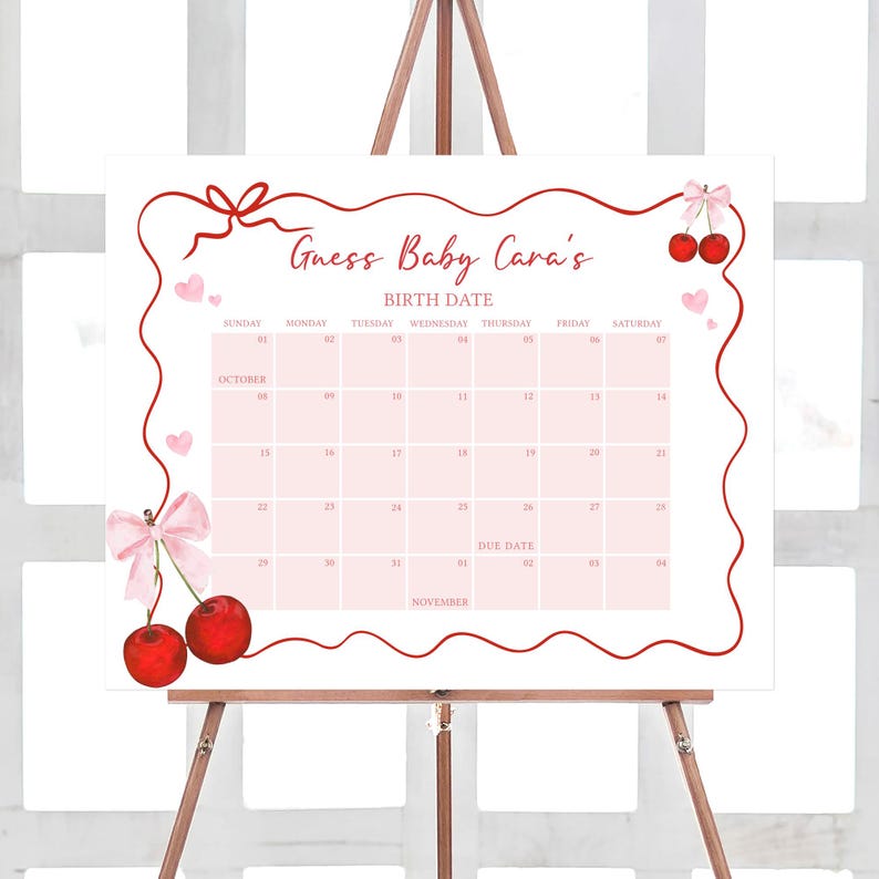 a calendar on a easel with cherries on it