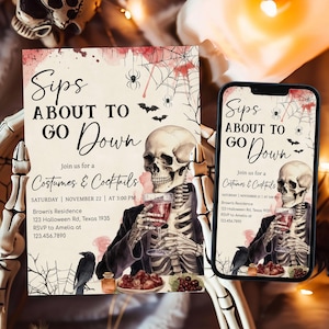 a Halloween-themed invitation for a costume and cocktail party, with a skeleton holding a drink and a spooky spider web design.