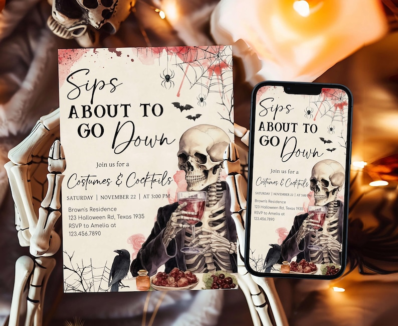 a Halloween-themed invitation for a costume and cocktail party, with a skeleton holding a drink and a spooky spider web design.