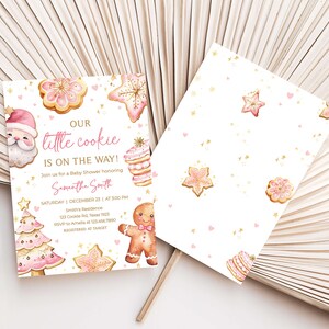 Editable Girl Christmas Cookie Baby Shower Invitation Bundle, Pink Gingerbread Baby Shower Invite Set, Pink A Little Cookie Baby Shower 0574 image 2
