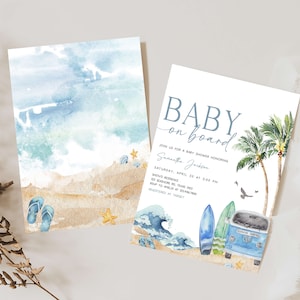 Editable Baby on Board Baby Shower Invitation Bundle, Surf Beach Baby Shower Invite Set, Retro Surf Boy Summer Baby Shower Invitation, 0709 image 2
