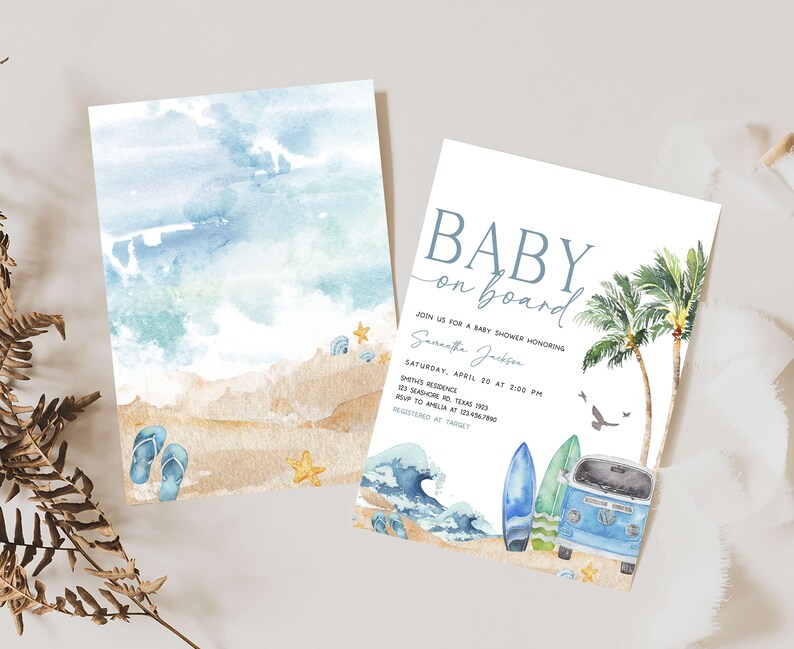 Editable Baby on Board Baby Shower Invitation Bundle, Surf Beach Baby Shower Invite Set, Retro Surf Boy Summer Baby Shower Invitation, 0709 image 2