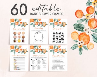 May include: A set of printable baby shower game cards with an orange and green watercolor design. The cards feature games like "Baby or Beer Belly?", "Draw Baby", "Who is my Mama?", "Children's Book Bingo", "What's in your purse?", and "Nursery Rhyme Quiz".