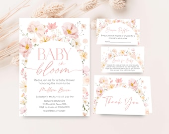 Bundle modifiable d'Invitation pour baby shower bébé en fleurs, ensemble d'Invitation pour baby shower fille bohème fleurs sauvages, baby shower floral printemps, 01016