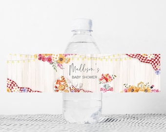 Editable BBQ Baby Shower Bottle Labels, Baby-Q Baby Shower Water Labels, Backyard Coed Baby Shower Rustic Barbeque Printable Template 0273