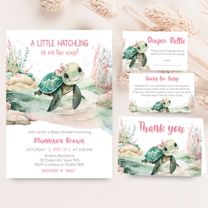 Pacchetto di inviti per baby shower modificabile con tartarughe marine, set di inviti per baby shower rosa sotto il mare, un piccolo baby shower per ragazza oceanica 0832