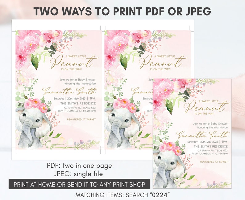 May include: A pink and green baby shower invitation with a floral design and two elephants wearing flower crowns. The invitation says "A Sweet Little Peanut is on the way!" and includes the name Samantha Smith, the date, time, and location of the shower. The invitation also includes the text "Registered at Target".