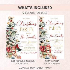 a christmas party flyer with a teddy bear sitting on a chair