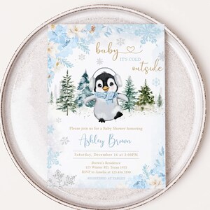 Editable Winter Penguin Baby Shower Invitation Bundle, Boy Penguin Baby Shower Invite Set, Blue Baby It's Cold Outside Baby Shower, 0559 image 3
