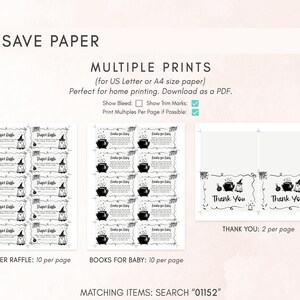 three different types of print materials: diaper raffles, books for babies, and thank you cards. The text provides instructions for these items, including the number of pages per print and the type of print.