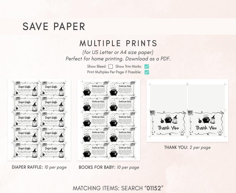 three different types of print materials: diaper raffles, books for babies, and thank you cards. The text provides instructions for these items, including the number of pages per print and the type of print.