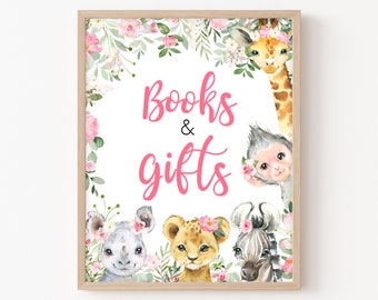 May include: A pink and green floral frame with a white background. The text "Books & gifts" is written in pink. There are four animal faces peeking out from behind the frame: a giraffe, a monkey, a rhinoceros, and a lion.